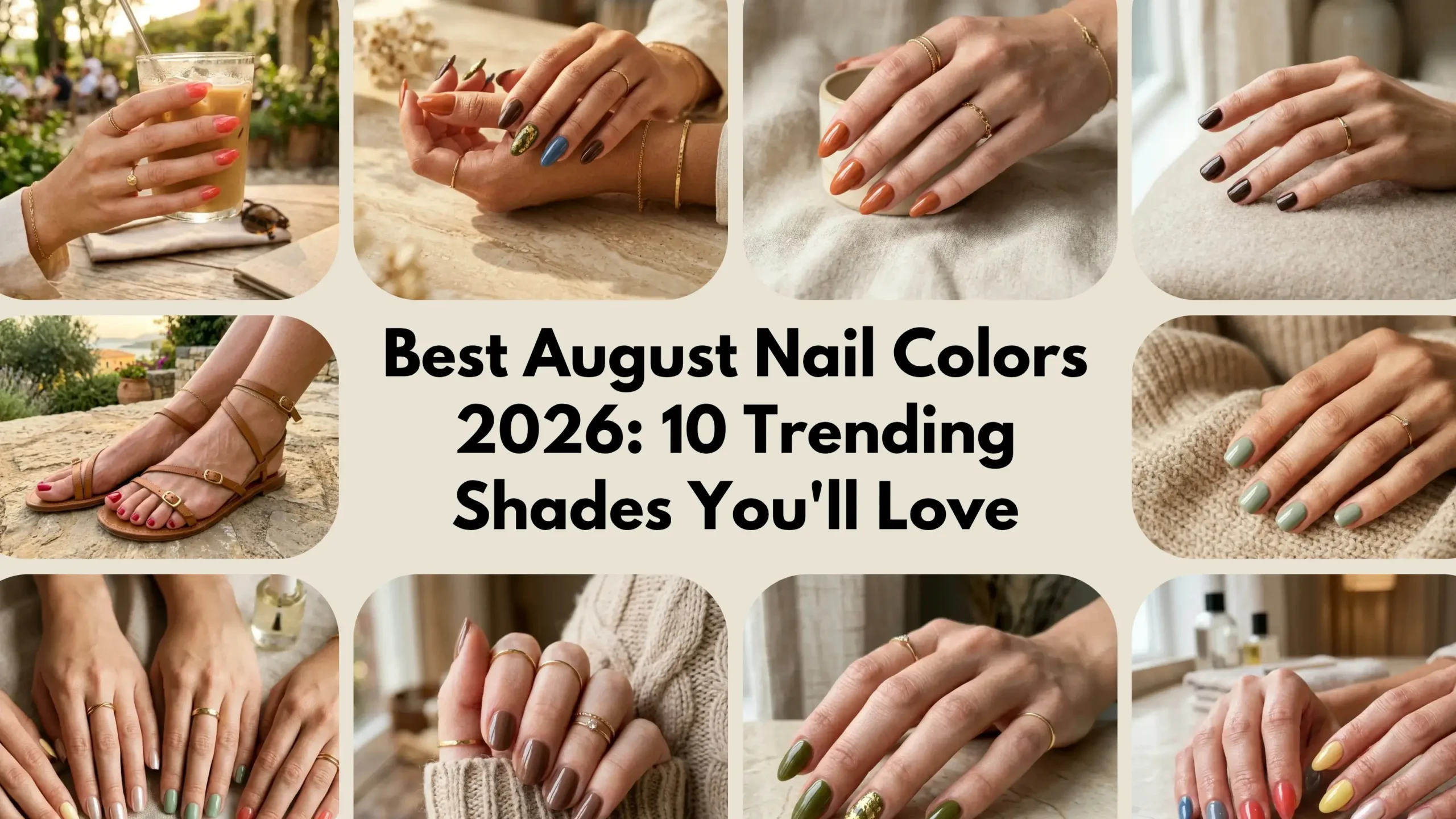 Best August nail colors for 2026 featuring butter yellow, glazed nude, sage green and jelly coral manicures