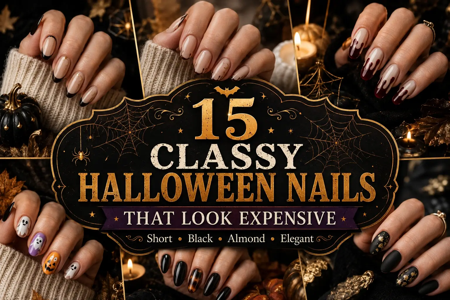 Home 16 Collage of classy Halloween nail designs featuring black French tips, gold spiderwebs, velvet cat-eye, black and gold accents, and burgundy ombre nails