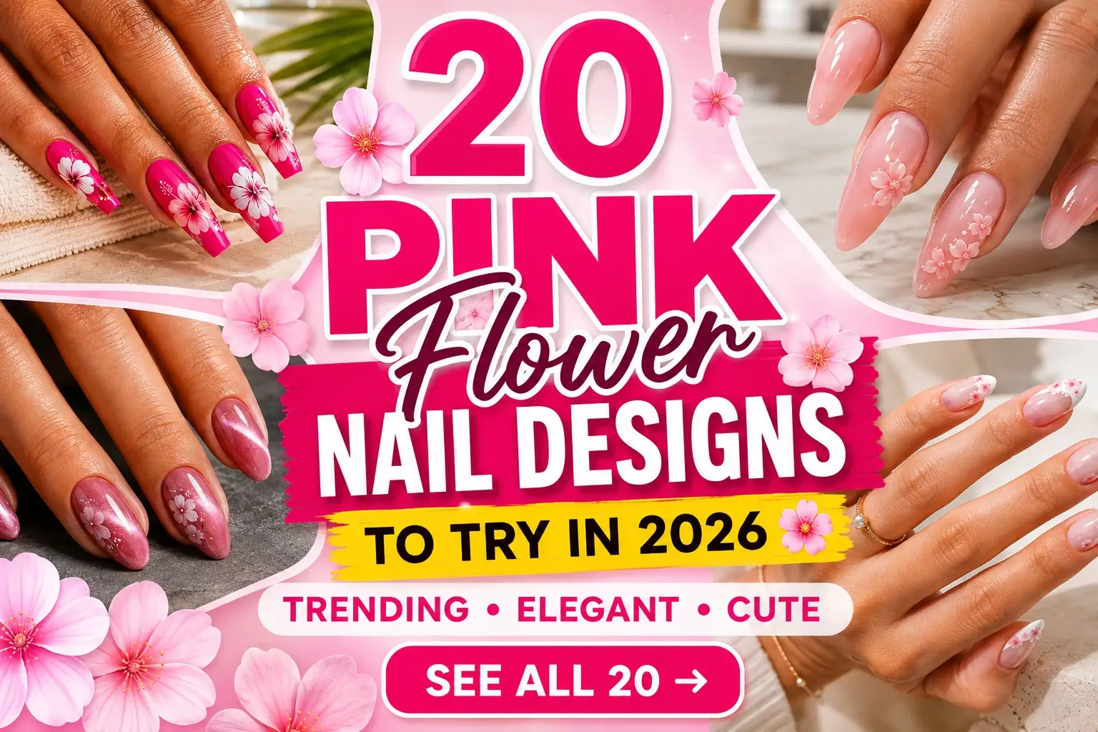 Home 5 20 pink flower nail design ideas for 2026 featuring floral French tips, aura nails and 3D flowers