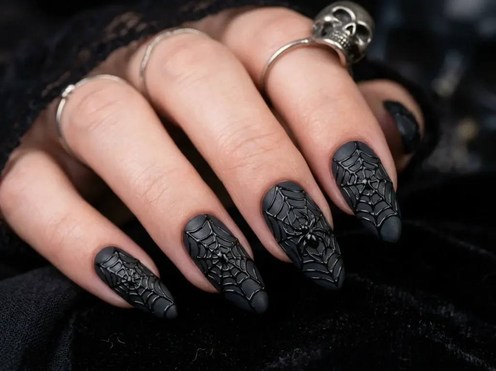 20 Spooky Nail Designs for Halloween 2026: Creepy, Dark & Haunting Ideas 9 gothic Halloween nails featuring raised three-dimensional spiderweb nail art