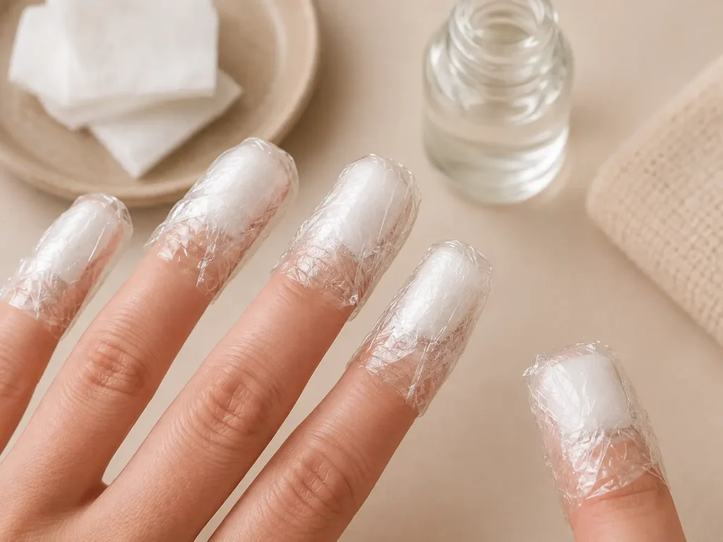 How to Remove Gel Polish at Home Quickly Without Damaging Your Nails 3 Acetone-soaked cotton wrapped around fingernails for gel polish removal