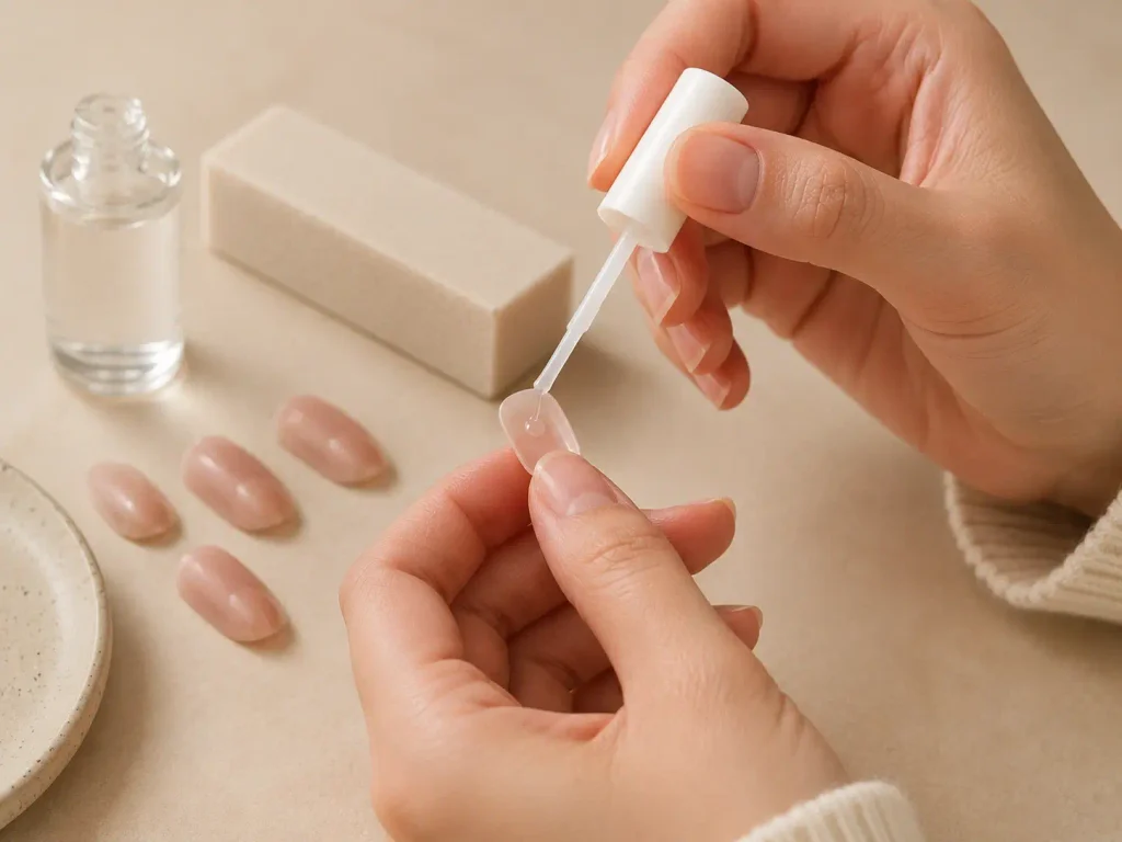 Why Won't My Press-On Nails Stay On? 7 Reasons and How to Fix Them 3 Applying nail glue to a press-on nail