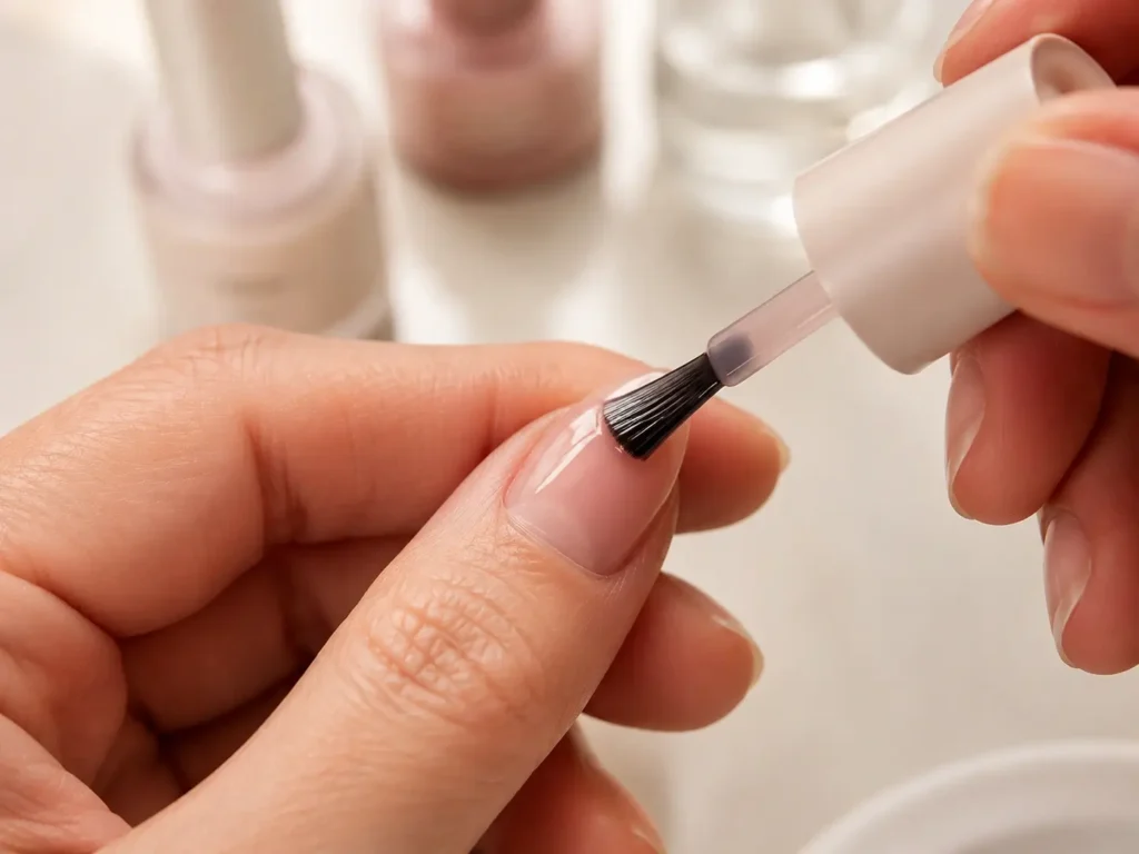 Applying a thin coat of nude gel polish to a natural nail