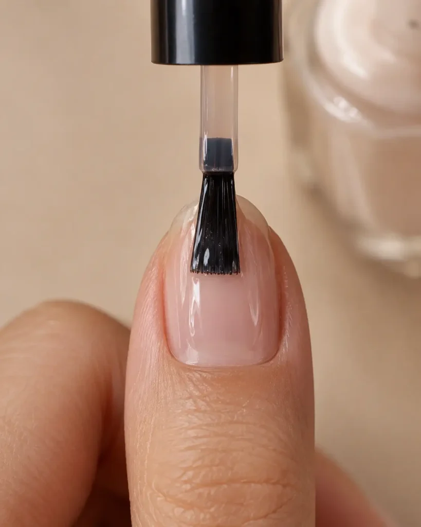 Why Does Gel Polish Peel Off in One Piece? 7 Causes + How to Fix It 3 thin even coat of gel polish being applied to a natural nail