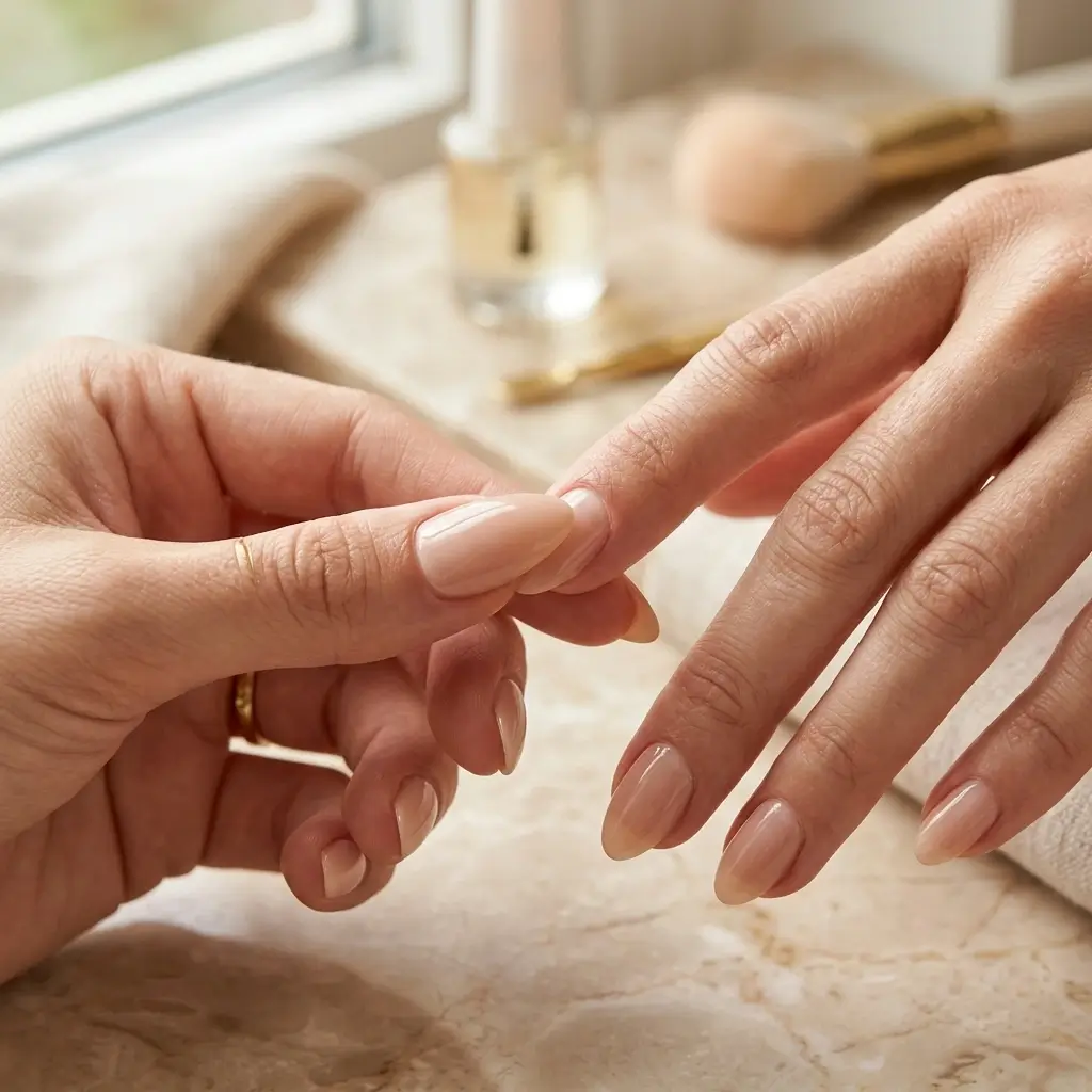 Woman applying a thin layer of nail glue onto natural nails before attaching press-on nails