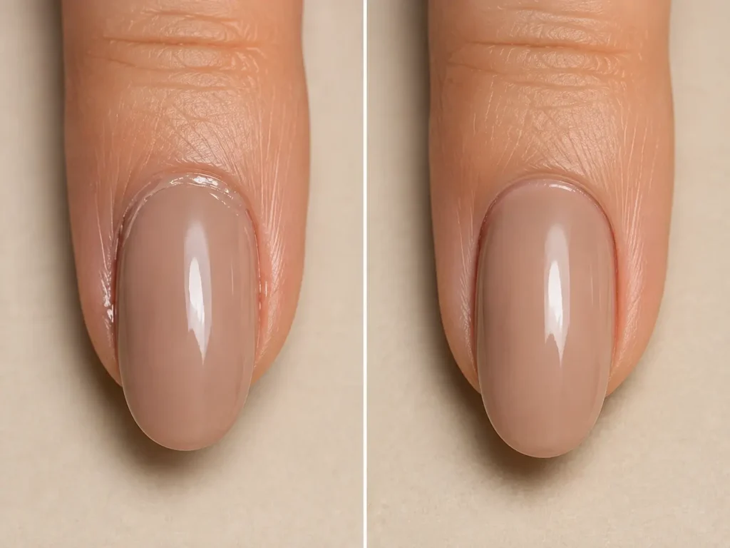How to Make Gel Polish Last Longer: 10 Mistakes That Cause Early Peeling 3 Close-up comparison of clean gel polish application and gel touching the skin near the cuticle