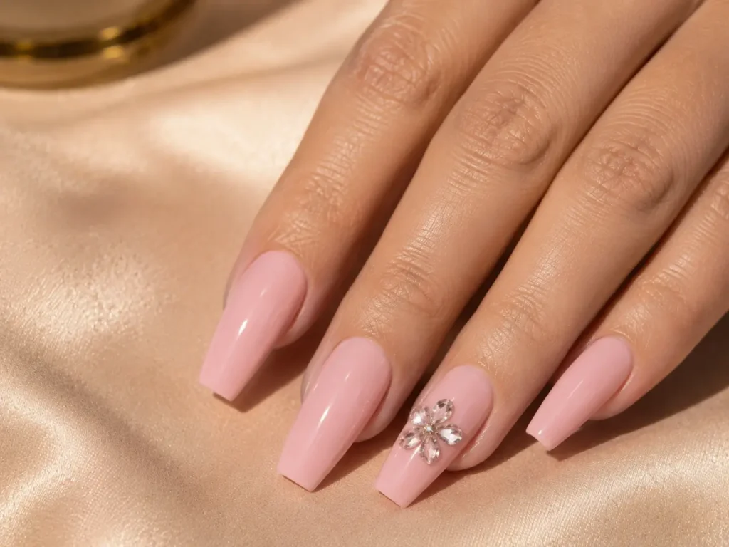 Pink Flower Nail Designs: 20 Pretty Ideas for 2026 19 Baby pink coffin nails with a delicate rhinestone flower cluster