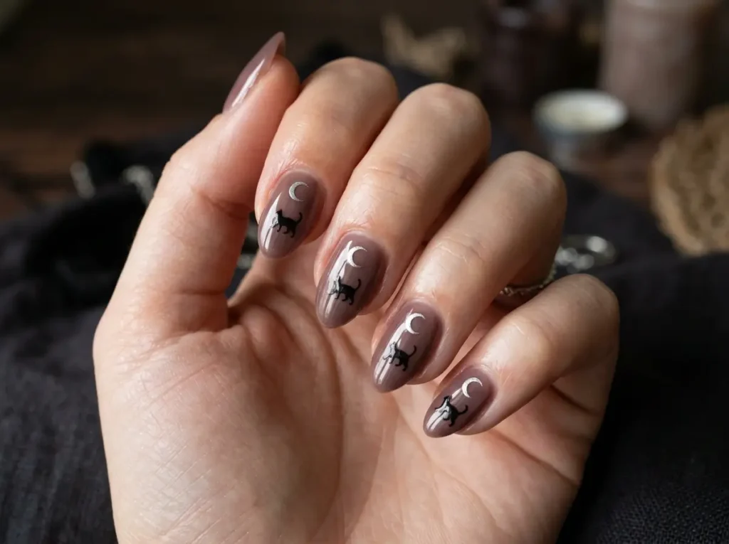 20 Spooky Nail Designs for Halloween 2026: Creepy, Dark & Haunting Ideas 17 spooky Halloween nails with black cat silhouettes and crescent moon details