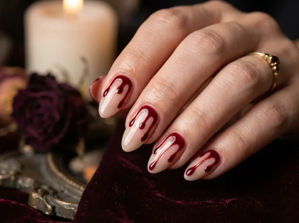 20 Spooky Nail Designs for Halloween 2026: Creepy, Dark & Haunting Ideas 3 creepy Halloween nails with red bloody fingertip nail art