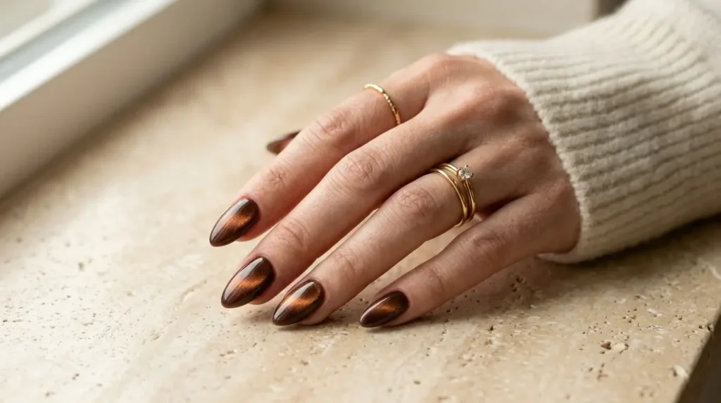Mocha brown velvet cat eye nails with warm bronze magnetic shimmer and glossy finish.