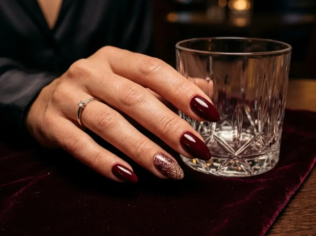 Burgundy Nail Designs: 18 Classy Ideas for Every Nail Shape (2026) 18 burgundy nails with a subtle glitter accent nail