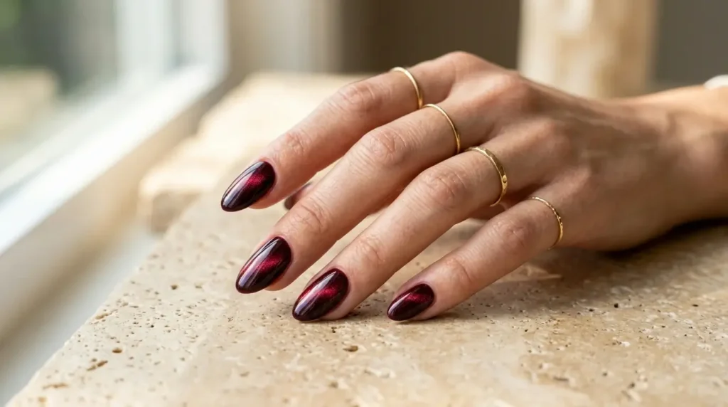 Deep burgundy velvet cat eye nails with rich ruby magnetic shimmer and glossy almond-shaped finish.