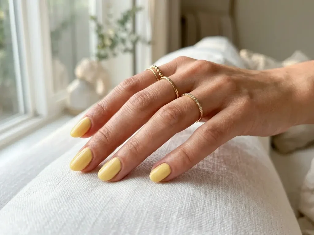 Butter yellow nail color on short almond nails for August