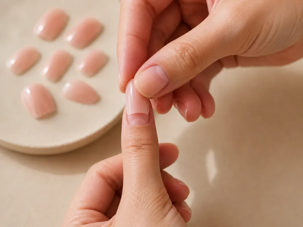 Why Won't My Press-On Nails Stay On? 7 Reasons and How to Fix Them 2 Checking the fit of a press-on nail before applying glue