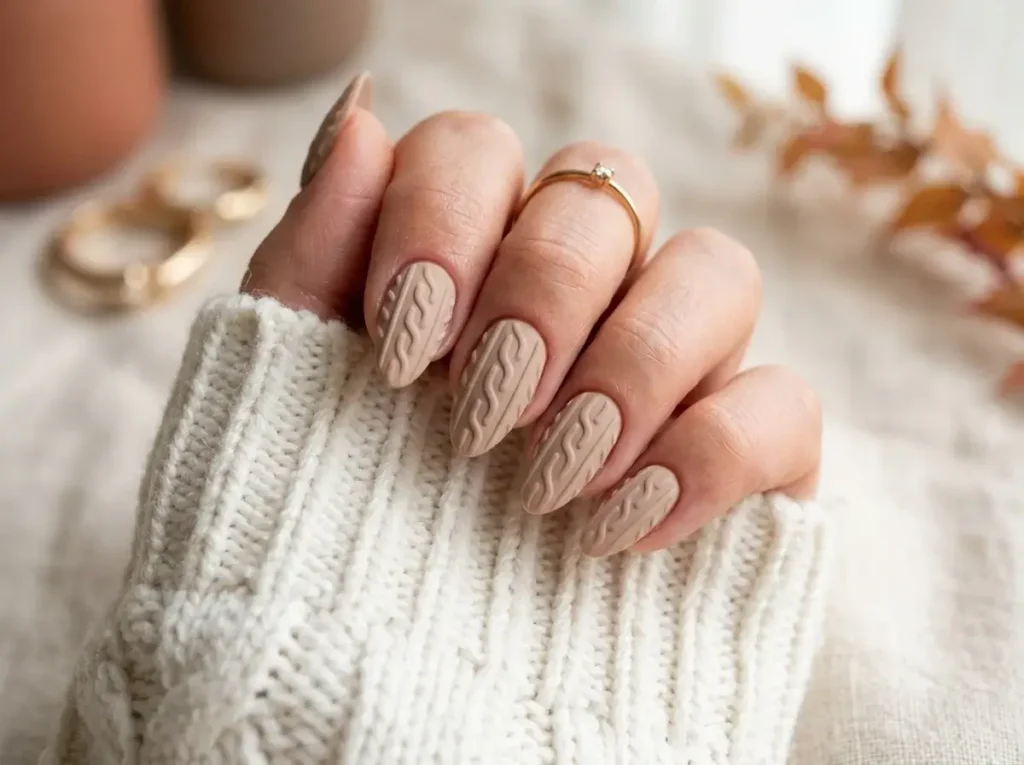 15 Trendy Fall Nail Designs You Need to Try in 2026 (Classy & Cozy Inspo) 7 Medium almond nails with 3D cable-knit sweater texture art in a matte beige finish