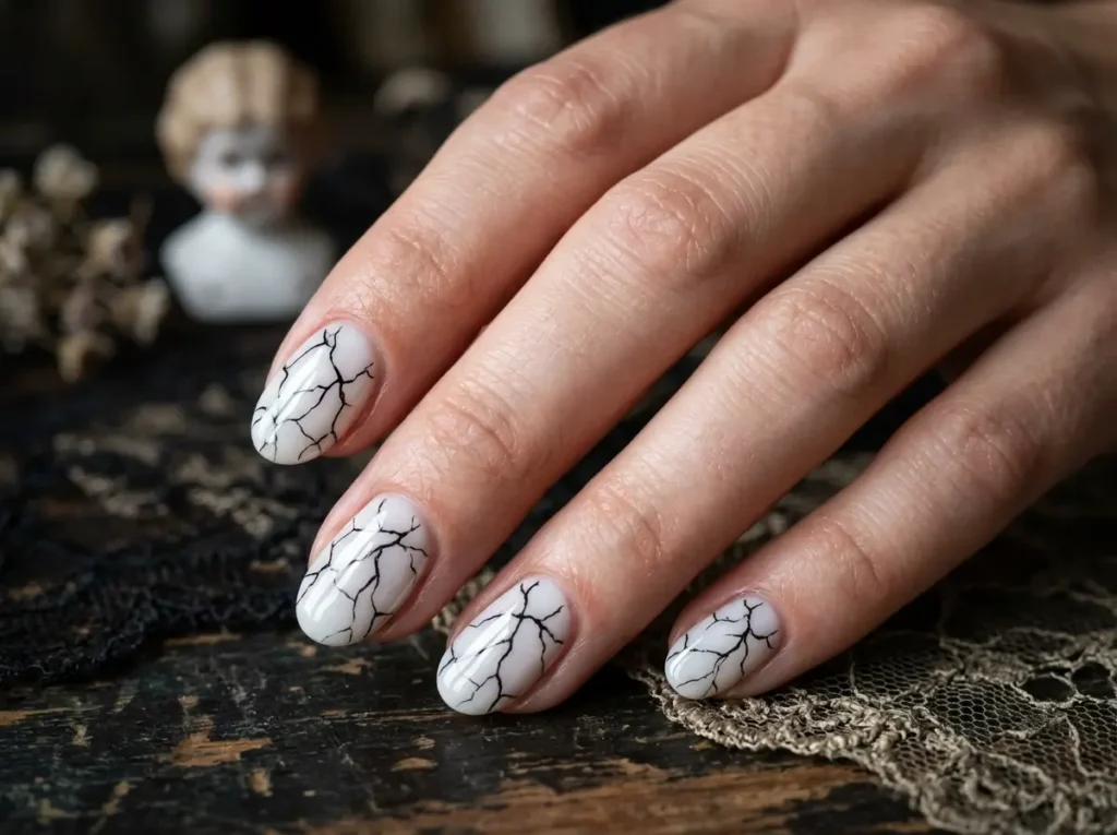 20 Spooky Nail Designs for Halloween 2026: Creepy, Dark & Haunting Ideas 14 creepy Halloween nails with cracked porcelain doll inspired nail art