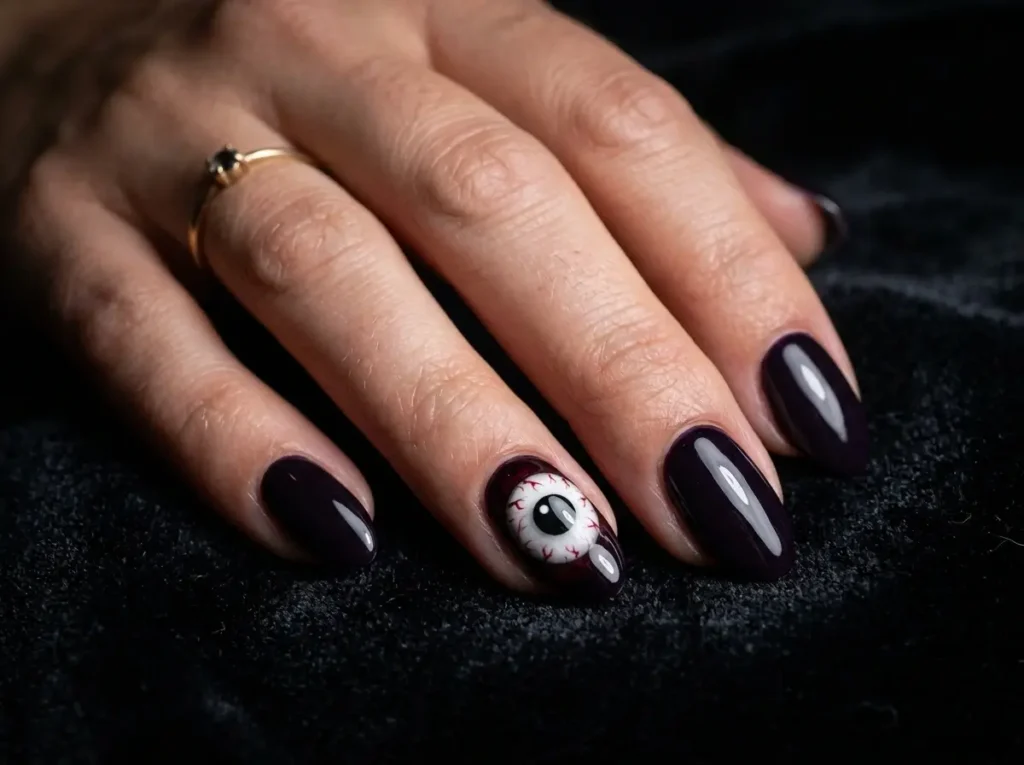 20 Spooky Nail Designs for Halloween 2026: Creepy, Dark & Haunting Ideas 16 creepy Halloween nails with a detailed eyeball accent on a dark base