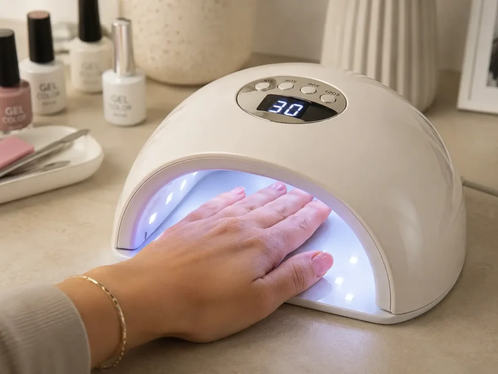 Curing gel polish under a UV LED nail lamp at home