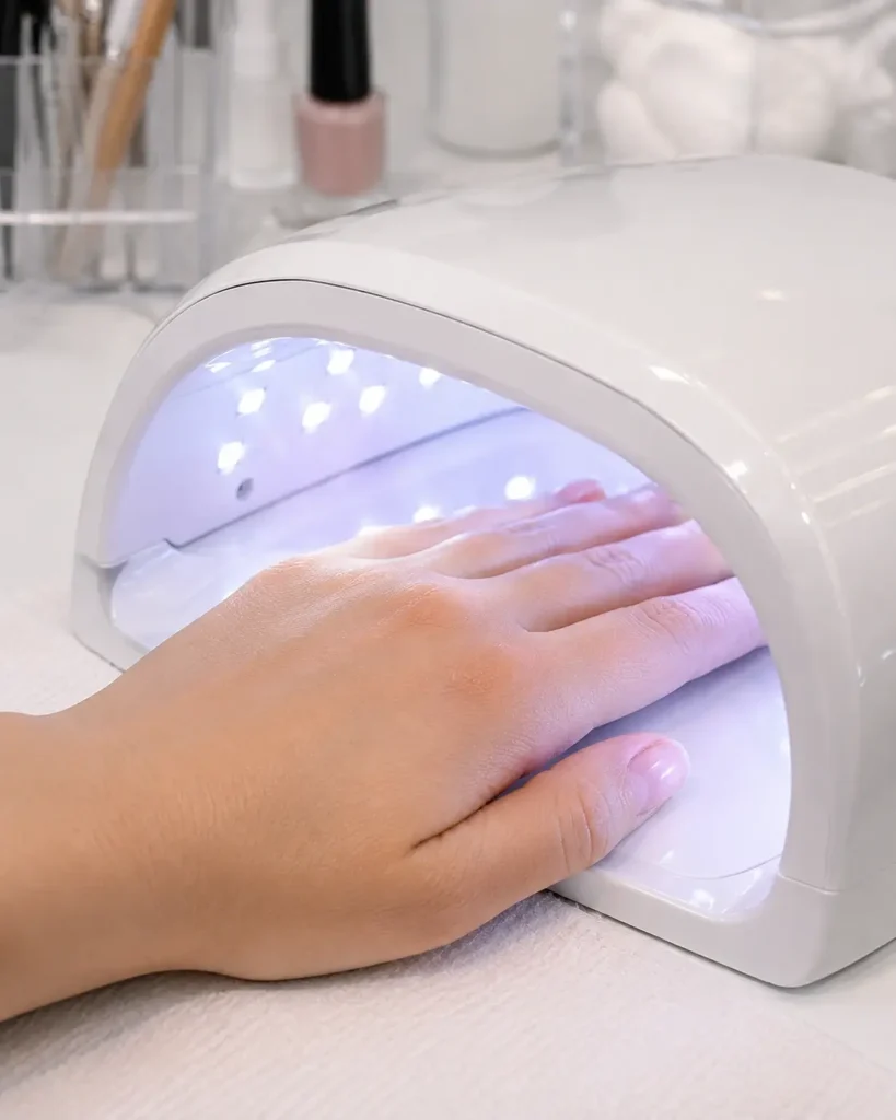 Why Does Gel Polish Peel Off in One Piece? 7 Causes + How to Fix It 4 Curing gel polish under an LED nail lamp for proper curing
