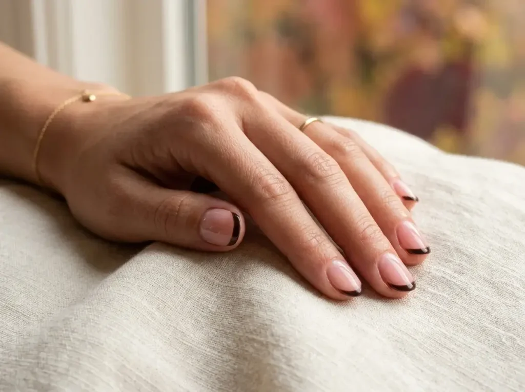 15 Trendy Fall Nail Designs You Need to Try in 2026 (Classy & Cozy Inspo) 13 Short natural nails with thin micro French tips in dark espresso brown