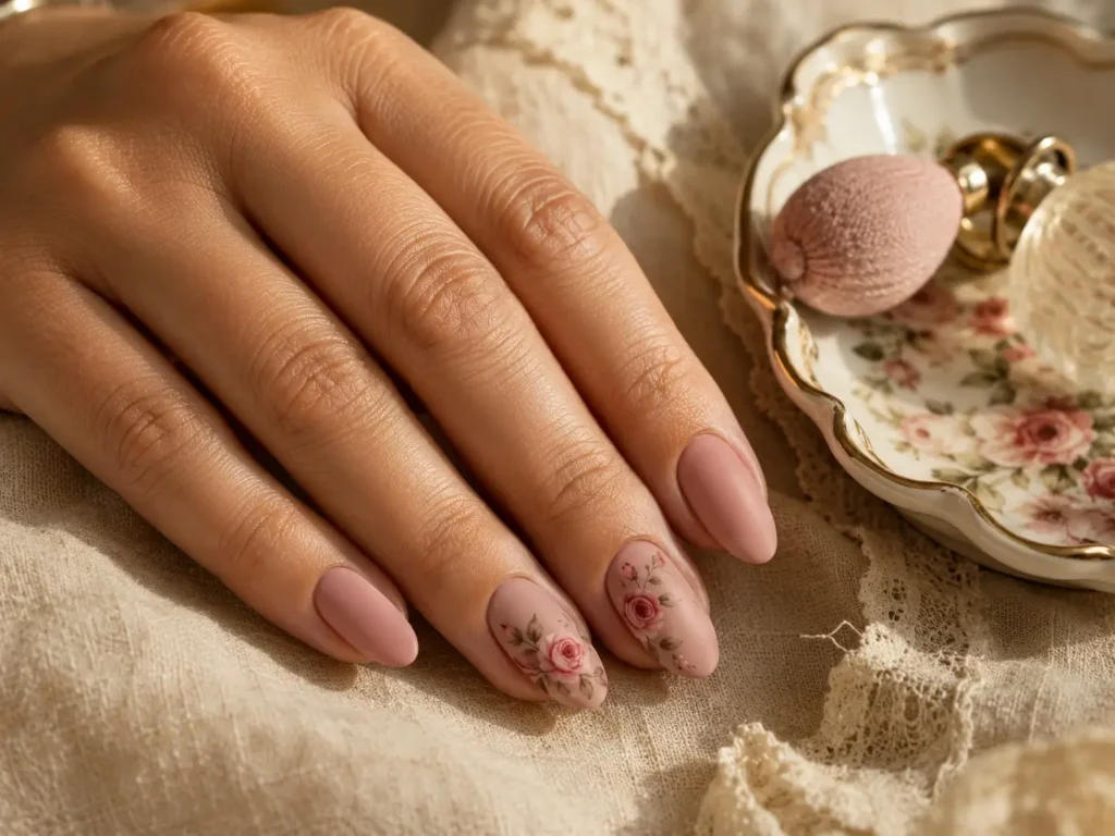 Pink Flower Nail Designs: 20 Pretty Ideas for 2026 8 Dusty pink matte nails with delicate vintage rose designs