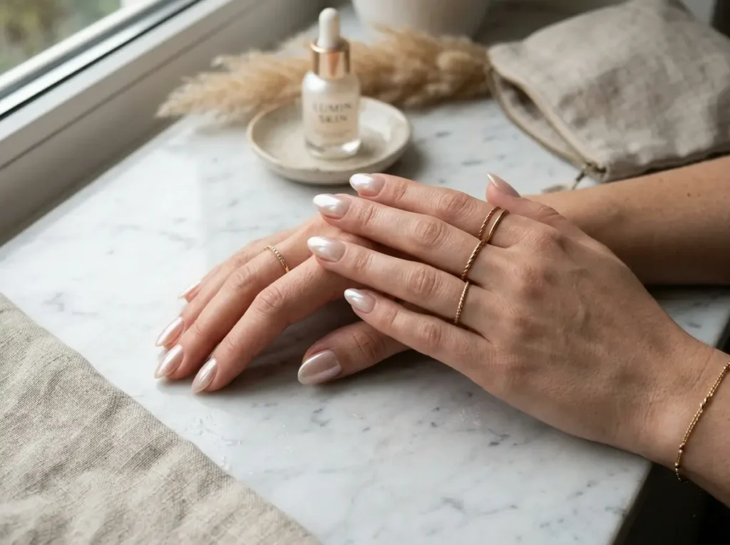 Glazed milky nude chrome manicure on almond nails