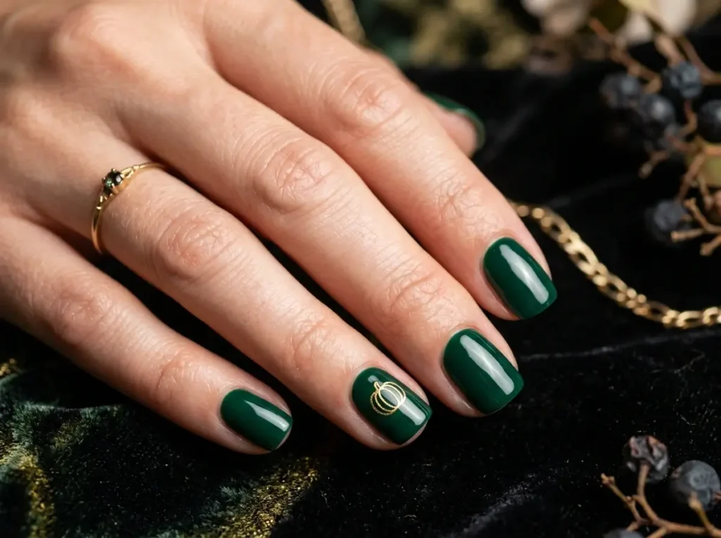 15 Classy Halloween Nails That Look Expensive (Short, Black & Almond) 14 Emerald green Halloween nails with a small metallic gold pumpkin outline