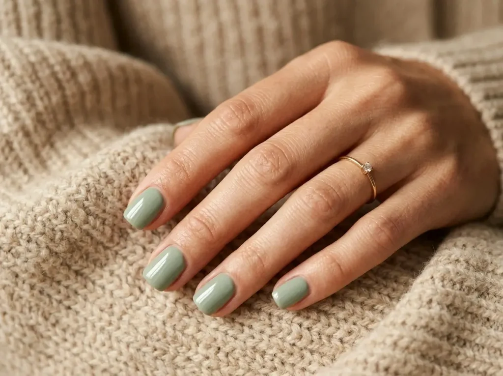 Short square nails painted in muted sage green