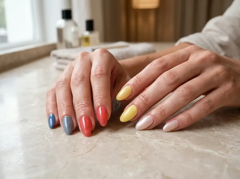 Glossy gel nail colors for August including glazed nude, butter yellow and jelly coral.