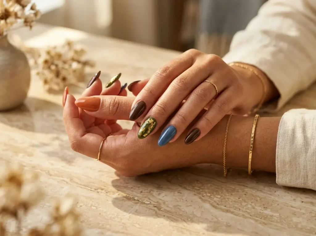 Long almond acrylic nails in terracotta, espresso brown and olive green.