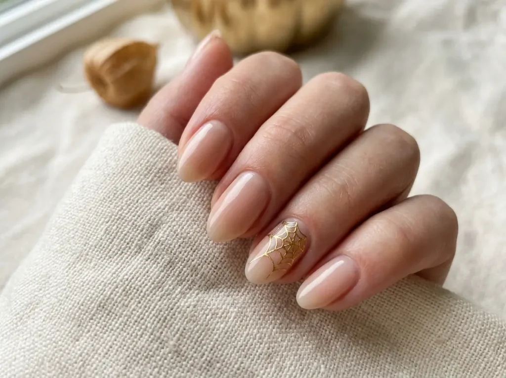 15 Classy Halloween Nails That Look Expensive (Short, Black & Almond) 3 Classy Halloween nails with a fine gold spiderweb accent on a sheer nude base