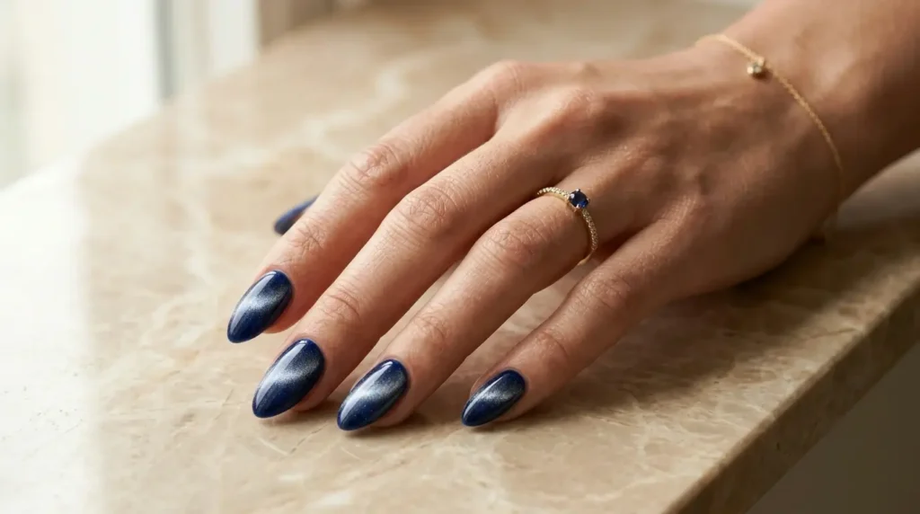 Midnight blue velvet cat eye nails with silver magnetic shimmer resembling a starry night sky.