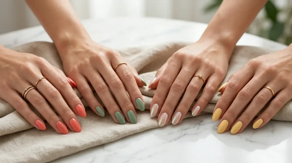 Best August nail colors for 2026 featuring butter yellow, glazed nude, sage green and jelly coral manicures