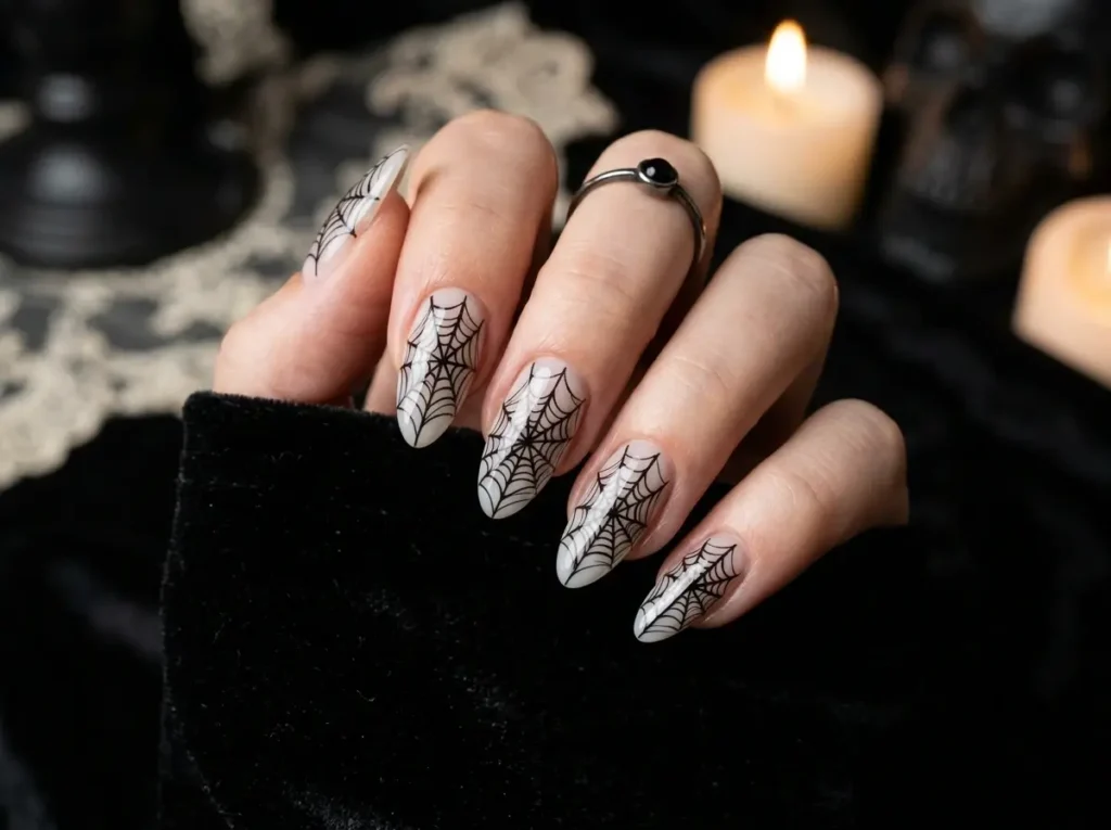 20 Spooky Nail Designs for Halloween 2026: Creepy, Dark & Haunting Ideas 8 spooky Halloween nails covered with intricate black spiderweb nail art