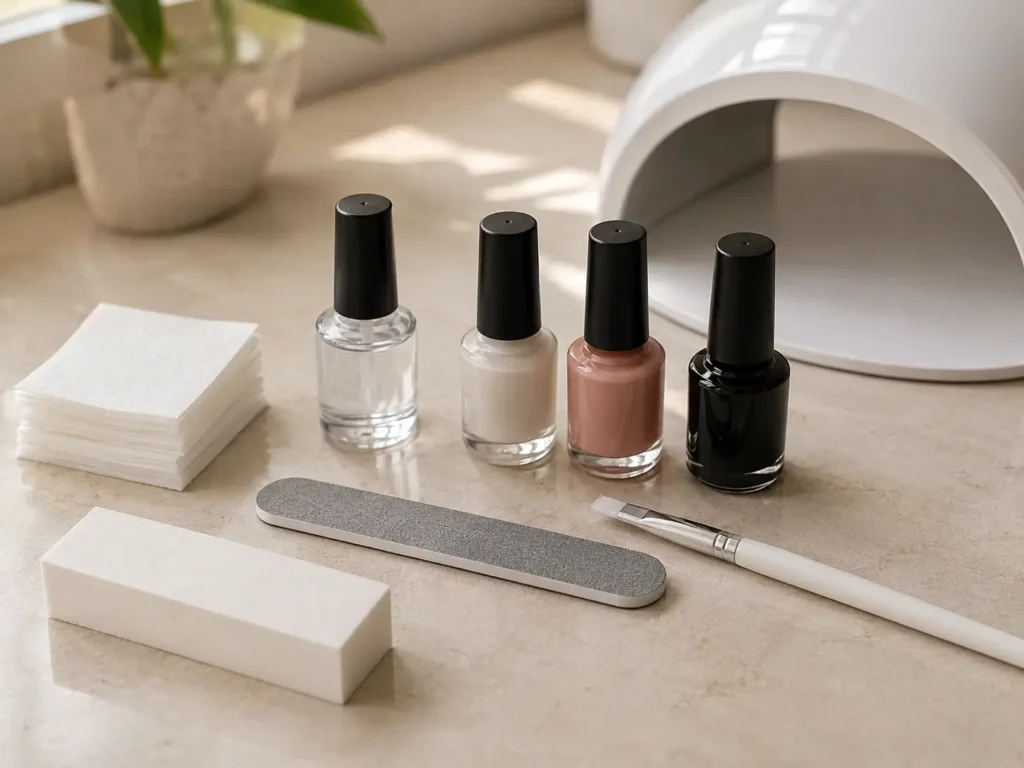 How to Make Gel Polish Last Longer: 10 Mistakes That Cause Early Peeling 8 Nail preparation tools arranged on a clean manicure table before applying gel polish