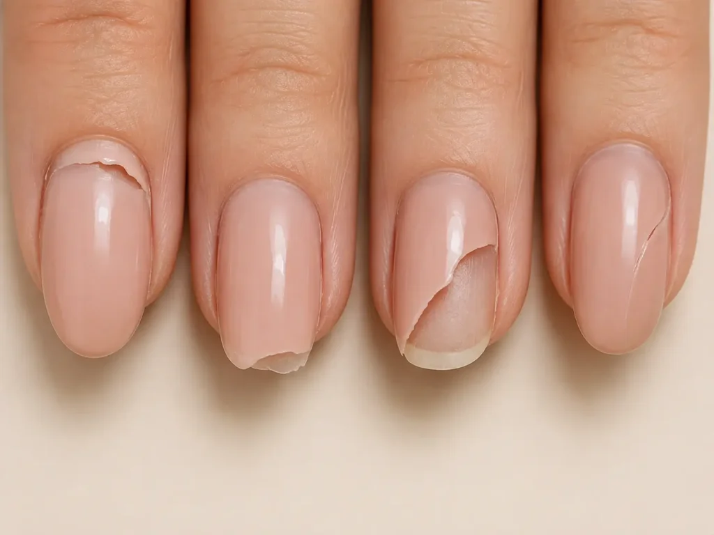 How to Make Gel Polish Last Longer: 10 Mistakes That Cause Early Peeling 1 Different gel polish peeling patterns showing lifting near the cuticle and chipped nail tips