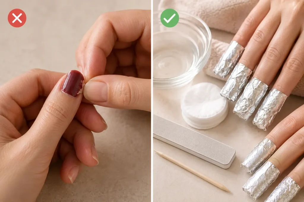 How to Remove Gel Polish at Home Quickly Without Damaging Your Nails 7 Common gel polish removal mistakes compared with safe removal methods