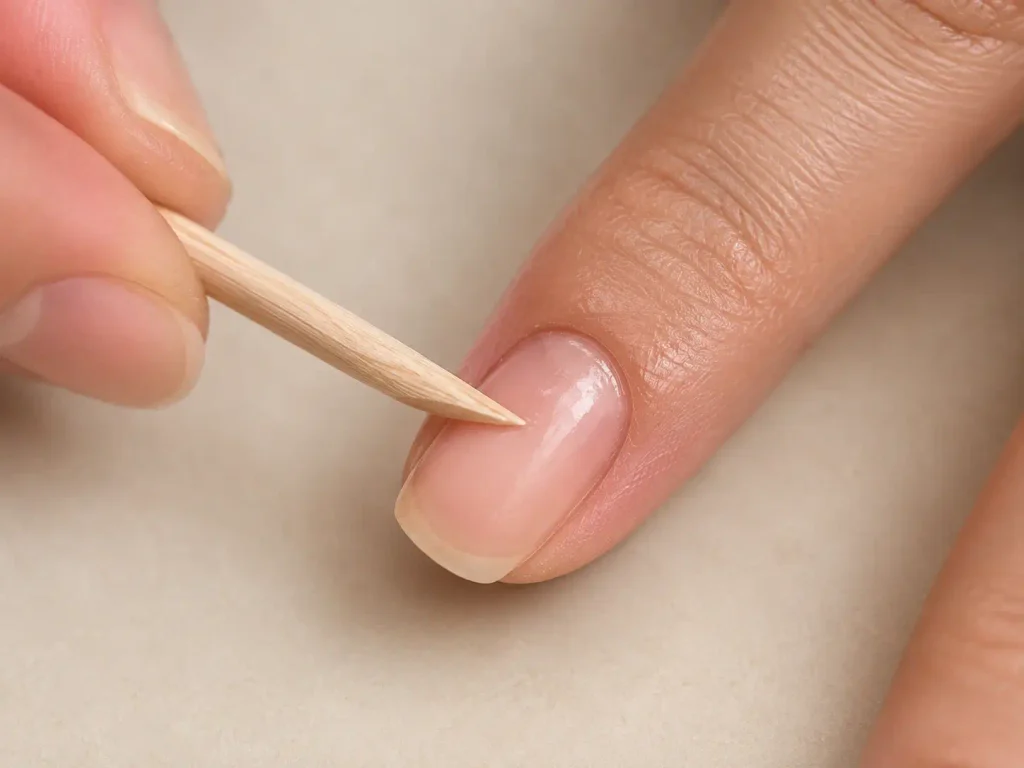 How to Remove Press-On Nails Without Damaging Your Natural Nails 2 Gently lifting a loosened press-on nail with a wooden cuticle stick
