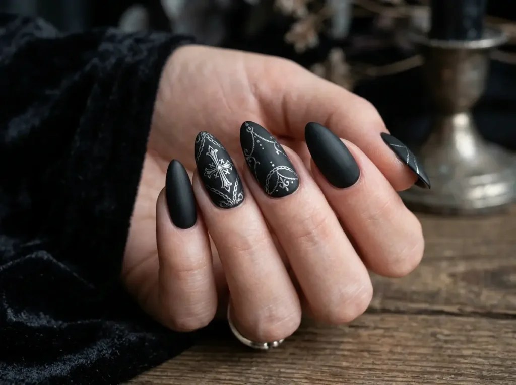 20 Spooky Nail Designs for Halloween 2026: Creepy, Dark & Haunting Ideas 13 gothic Halloween nails with black cross and delicate chain nail art