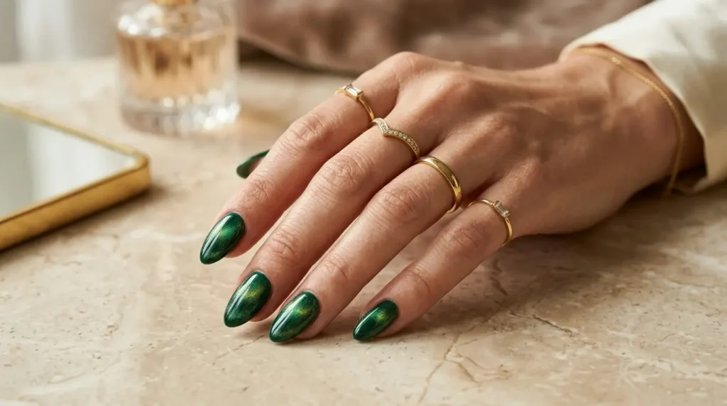 Emerald green velvet cat eye nails with deep gemstone-inspired magnetic shimmer.