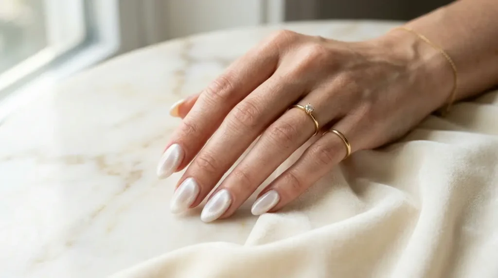 Elegant champagne velvet cat eye nails with a soft golden magnetic shimmer and glossy almond-shaped finish.
