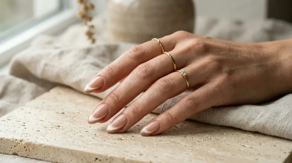 French tip nails with champagne velvet cat eye magnetic polish on a sheer nude base.