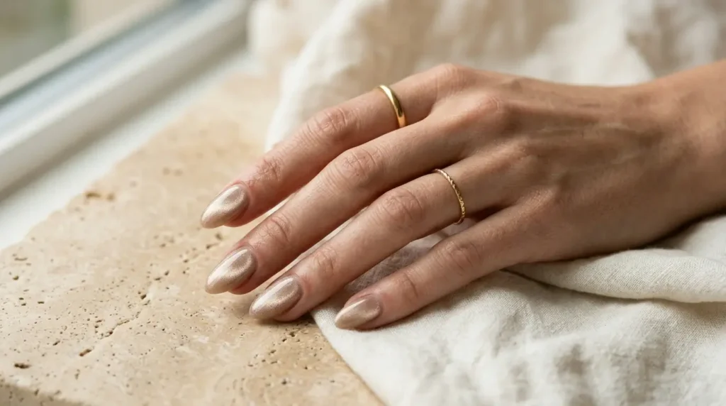 Pearl white velvet cat eye nails with soft iridescent magnetic shimmer and glossy finish.