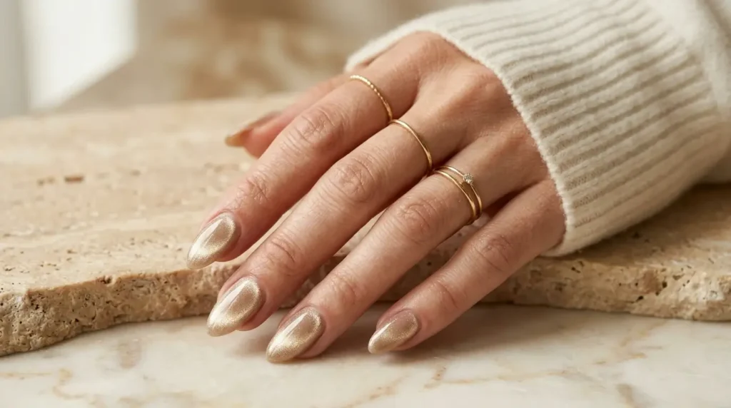 Soft blush pink velvet cat eye nails with delicate magnetic shimmer and glossy almond shape.