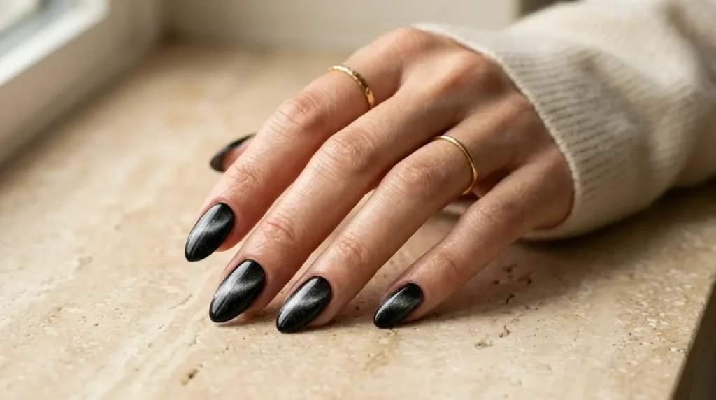 Black velvet cat eye nails with a soft silver magnetic shimmer and glossy almond-shaped finish.