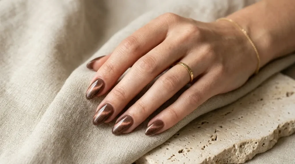 Elegant champagne velvet cat eye nails with a soft magnetic shimmer glowing under natural window light.