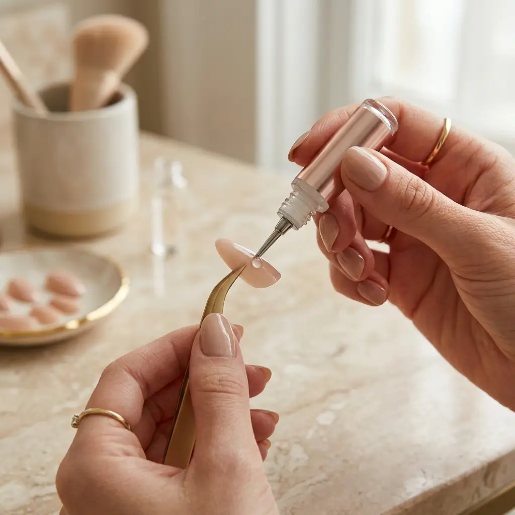 Close-up of hands applying nail glue before placing a press-on nail