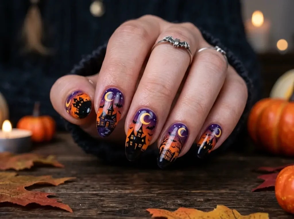 20 Spooky Nail Designs for Halloween 2026: Creepy, Dark & Haunting Ideas 11 spooky Halloween nails with haunted house silhouettes and crescent moon art