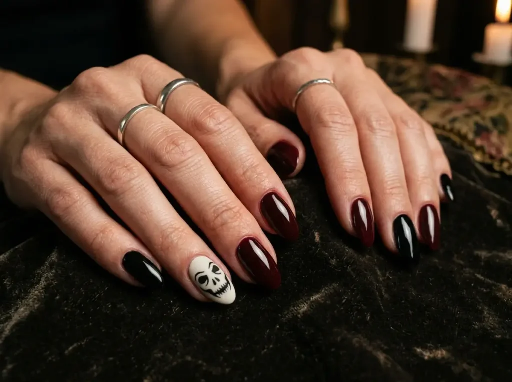 20 Spooky Nail Designs for Halloween 2026: Creepy, Dark & Haunting Ideas 19 eerie Halloween manicure with a dark horror mask accent nail