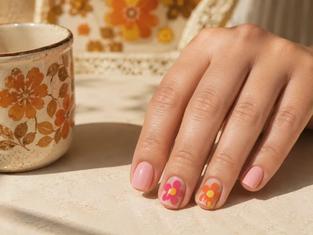 Pink Flower Nail Designs: 20 Pretty Ideas for 2026 13 Hot pink and orange retro daisy nail designs on short square nails